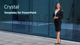  Presentation with financial market - Presentation theme enhanced with confident businesswoman in front of modern office building business banking corporation and financial market concept background and a ocean colored foreground