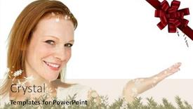  Presentation with red bow - Slide set having confident businesswoman promoting against red christmas bow and ribbon background and a lemonade colored foreground