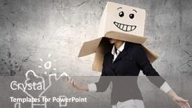  Presentation with box carton - Beautiful PPT theme featuring confident businesswoman wearing carton box on head backdrop and a gray colored foreground