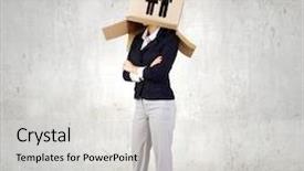  Presentation with box carton - Presentation design having confident-businesswoman-wearing-carton-box background and a light gray colored foreground