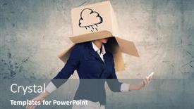  Presentation with box carton - Presentation design consisting of confident businesswoman wearing carton box on head background and a gray colored foreground