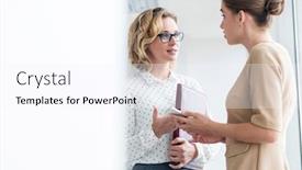  Presentation with new office - Audience pleasing slide set consisting of confident businesswomen discussing while standing at new office backdrop and a sky blue colored foreground