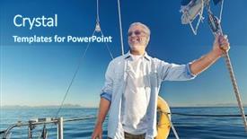  Presentation with motor boat in the sea - Cool new presentation theme with confident captain of sail boat backdrop and a ocean colored foreground