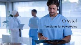  Presentation with healthcare workers - Audience pleasing slide set consisting of confident caucasian male surgeon writing backdrop and a light blue colored foreground