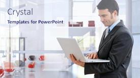  Presentation with stock broker - Cool new slide deck with confident-caucasian-stock-broker-standing backdrop and a sky blue colored foreground