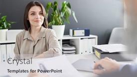  Presentation with woman office desk - Slides enhanced with confident-caucasian-woman-sitting background and a light gray colored foreground