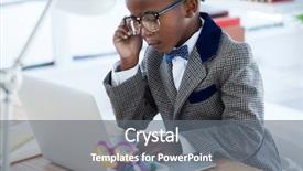  Presentation with young man holdng laptop on lap money - Beautiful PPT layouts featuring confident child - businessman wearing eyeglasses while using backdrop and a gray colored foreground