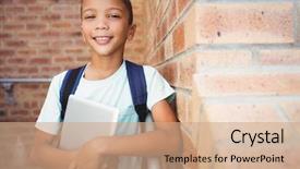  Presentation with smiling kids at summer camp - PPT layouts featuring confident child - smiling schoolboy looking background and a coral colored foreground