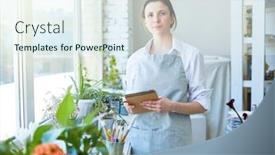  Presentation with sketching - Beautiful PPT layouts featuring confident-craftswoman-with-notepad-standing backdrop and a sky blue colored foreground