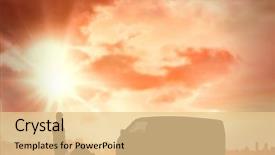  Presentation with shining - Slide set enhanced with confident delivery man pushing trolley of cardboard boxes against sun shining over city background and a lemonade colored foreground