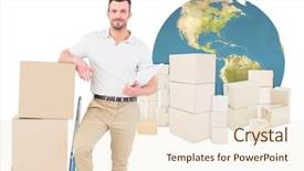  Presentation with logistics - Slide set enhanced with confident delivery man with cardboard background and a  colored foreground