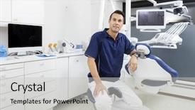  Presentation with dentist - Theme enhanced with confident dentist leaning on chair at clinic background and a light gray colored foreground