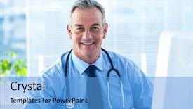  Presentation with smiling paramedic sitting in ambulance - PPT theme having confident doctor sitting in hospital background and a teal colored foreground