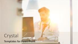  Presentation with medical desk - Presentation theme featuring confident-doctor-sitting-on-desk background and a soft green colored foreground