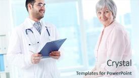  Presentation with clipboard stethoscope - Colorful presentation enhanced with confident doctor with stethoscope and clipboard looking at his senior patient backdrop and a sky blue colored foreground