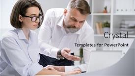  Presentation with online meeting - Cool new PPT layouts with confident-economist-pointing-at-laptop backdrop and a light gray colored foreground