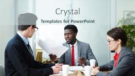  Presentation with employers - Amazing slides having confident employers interviewing one of candidates for new vacancy backdrop and a sky blue colored foreground