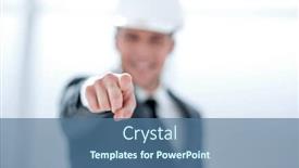  Presentation with points - Presentation having confident engineer in helmet points finger at camera background and a ocean colored foreground