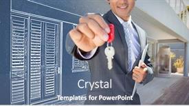  Presentation with house key - Slide deck enhanced with confident estate agent standing at front door showing key against pretty house with terrace with a blue and white filter background and a ocean colored foreground