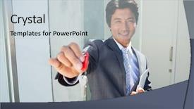  Presentation with house key - Slide deck with confident estate agent standing at front door showing key outside a house background and a lemonade colored foreground