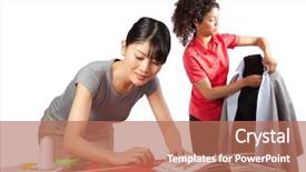  Presentation with helping others two hands woman - Slide deck enhanced with confident fashion - two young woman dressmaker background and a coral colored foreground