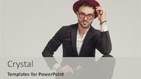  Presentation with hat - Audience pleasing PPT theme consisting of confident-fashion-model-adjusting backdrop and a light gray colored foreground