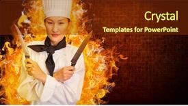  Presentation with knives - Slide deck enhanced with confident female cook holding knives in kitchen against brown background background and a tawny brown colored foreground