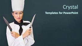  Presentation with knives - Beautiful PPT theme featuring confident female cook holding knives in kitchen against chalkboard backdrop and a ocean colored foreground