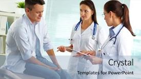  Presentation with leg pain - PPT theme with confident female doctors consulting patient background and a light blue colored foreground