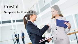  Presentation with hand shake office - Audience pleasing PPT theme consisting of confident female professional shaking hands backdrop and a  colored foreground