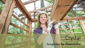 Presentation with construction site construction - Presentation design consisting of confident female worker carrying wood background and a yellow colored foreground