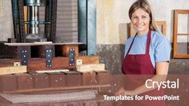  Presentation with female journalist at press conference - Presentation theme with confident female worker using paper background and a violet colored foreground