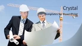  Presentation with foreman - Presentation design enhanced with confident foreman looking at project background and a  colored foreground