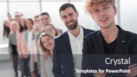  Presentation with group - Cool new PPT theme with confident-guy-standing-in-front backdrop and a dark gray colored foreground