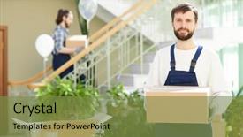  Presentation with moving - Colorful slide deck enhanced with confident handsome young moving company backdrop and a tawny brown colored foreground
