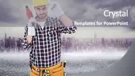 Presentation with black road - Presentation theme featuring confident handyman holding drill machine against black road background and a gray colored foreground