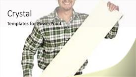  Presentation with handyman - Cool new PPT theme with confident handyman show a long bill isolated on white backdrop and a white colored foreground