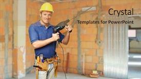  Presentation with handyman - Colorful presentation design enhanced with confident handyman with big drill backdrop and a coral colored foreground
