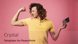  Presentation with flexing - Amazing PPT theme having confident-healthy-young-man-flexing backdrop and a coral colored foreground