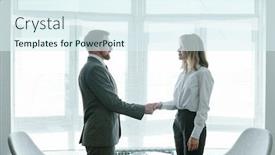  Presentation with new beginning - Audience pleasing slide deck consisting of confident-hr-manager-shaking-hand backdrop and a sky blue colored foreground