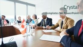  Presentation with conference table - Presentation design consisting of confident interracial representatives of commonwealth background and a sky blue colored foreground