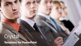  Presentation with journalist - PPT layouts consisting of confident journalist looking at camera with serious expression on background of row of people background and a dark gray colored foreground