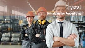  Presentation with manufacturing plant - Beautiful PPT theme featuring confident-leaders-of-manufacturing-production backdrop and a coral colored foreground