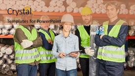  Presentation with warehouse logistics - Beautiful PPT theme featuring confident logistics team in warehouse backdrop and a coral colored foreground