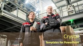  Presentation with technical - Amazing PPT theme having confident-male-and-female-engineers backdrop and a tawny brown colored foreground