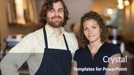  Presentation with cafe - Audience pleasing PPT theme consisting of confident male and female owners backdrop and a wine colored foreground