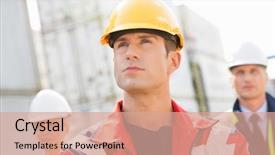  Presentation with shipping - Colorful slide set enhanced with confident male worker with colleague in background at shipping yard backdrop and a coral colored foreground