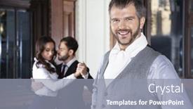  Presentation with tango - PPT layouts consisting of confident man smiling while dancers performing tango in restaura background and a gray colored foreground