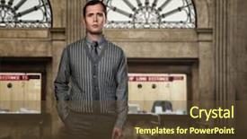  Presentation with ticket - PPT layouts having confident man wearing grey vest and necktie against ticket office on train station background and a tawny brown colored foreground