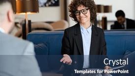  Presentation with business partner - Presentation theme having confident-mature-brunette-businesswoman-talking background and a ocean colored foreground